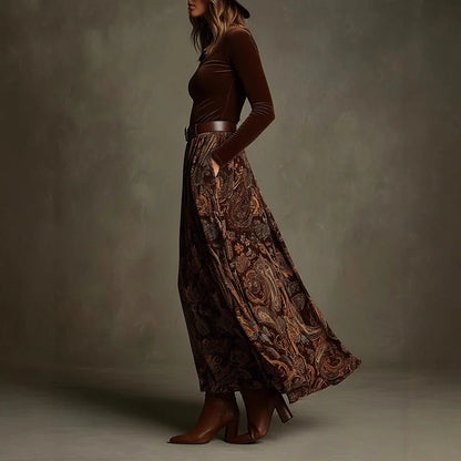 Cardydony Vintage Printed Velvet Belted Maxi Dress