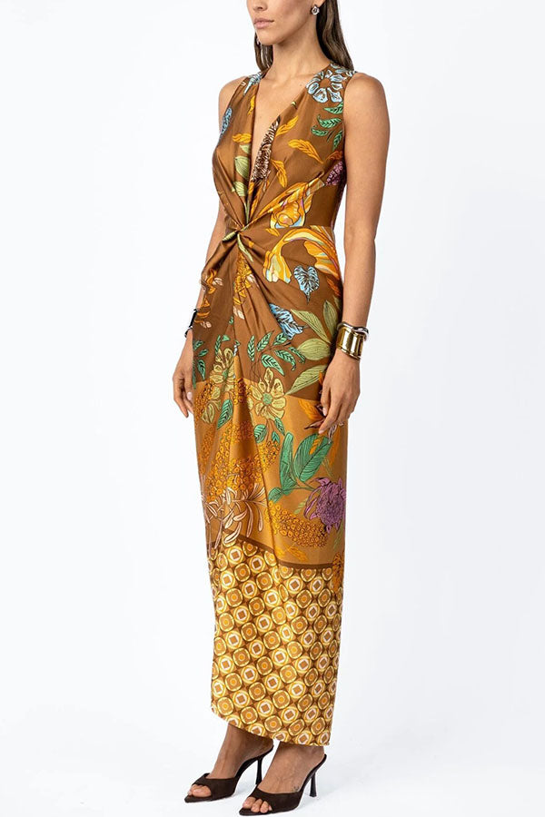 Cardydony Women's Naturally Inspired Satin Unique Floral Print Twist Waist Slit Drape Maxi Dress