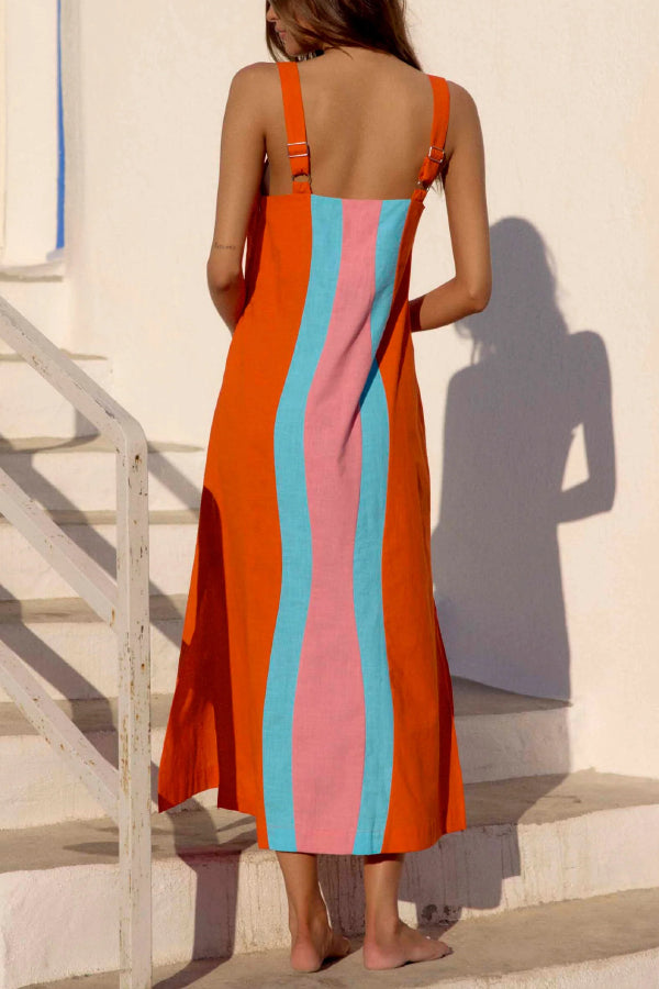 Cardydony Women's Fashionable Color-blocked Printed Square Neck Sleeveless Vacation-style Maxi Dress