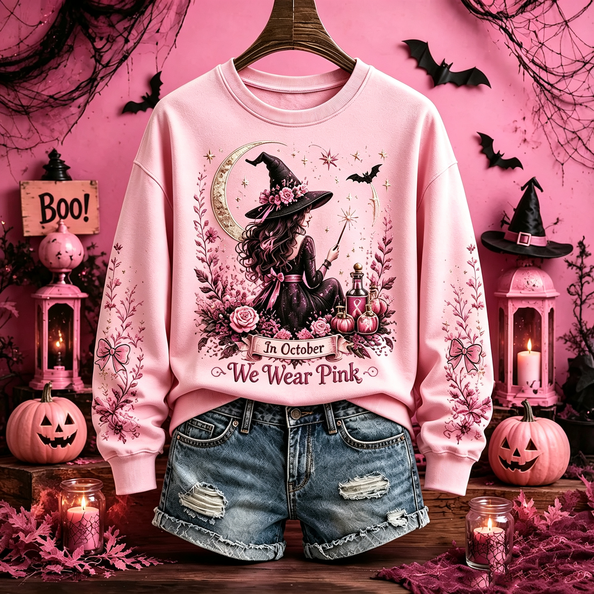 Cardydony Women's Retro Halloween Breast Cancer Awareness Witch We Wear Pink Print Crew Neck Sweatshirt