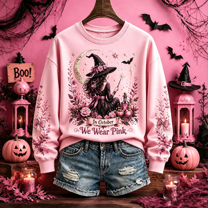 Cardydony Women's Retro Halloween Breast Cancer Awareness Witch We Wear Pink Print Crew Neck Sweatshirt