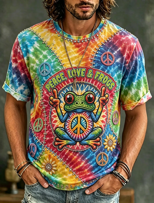 Comstylish Men's Vintage Hippie Floral And Frog In Patchwork Pattern Art Embroidered T-shirt