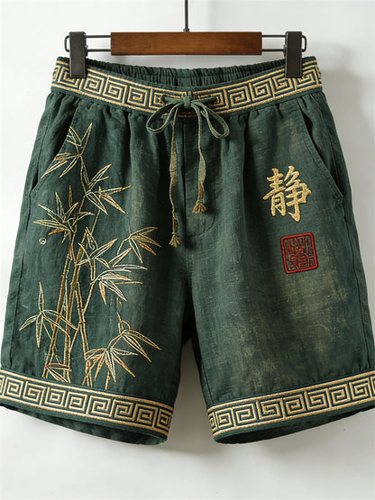 Cardydony Men's Japanese Bamboo Calligraphy Art Drawstring Linen Shorts