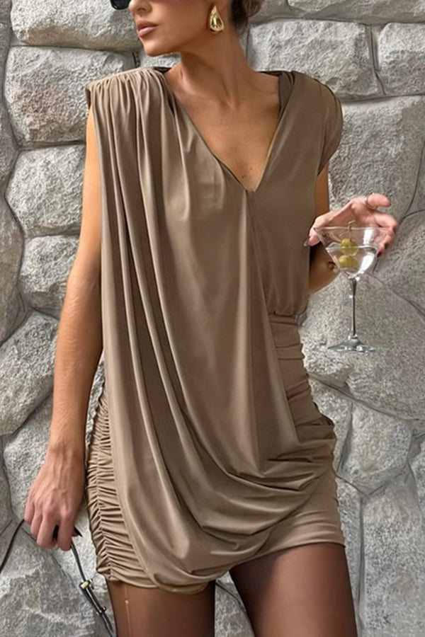 Cardydony Women's Solid Color Casual Sleeveless V-neck Elegant Pleated Mini Dress