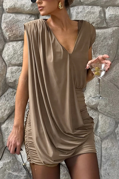 Cardydony Women's Solid Color Casual Sleeveless V-neck Elegant Pleated Mini Dress