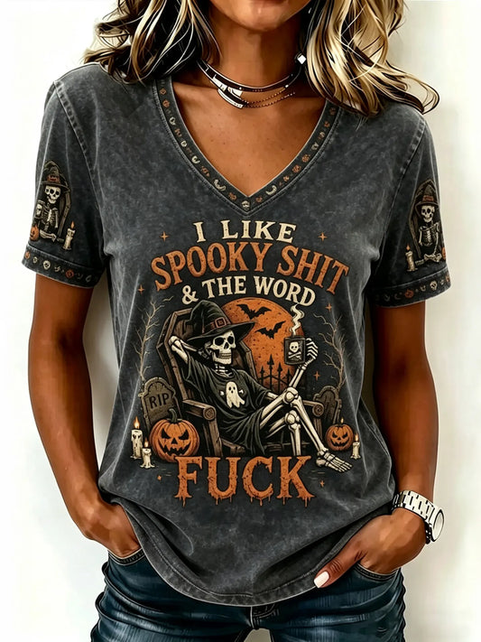 Cardydony Women's Halloween-themed Printed V-neck Short-sleeved T-shirt