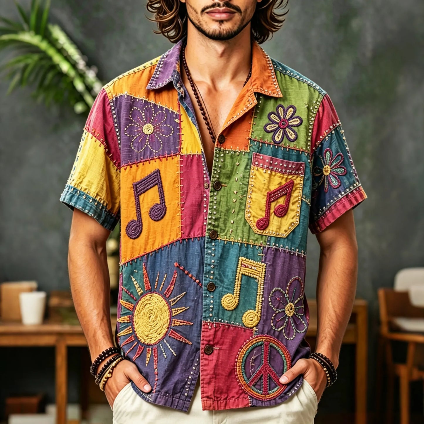 Cardydony Men's Patchwork Floral Musical Design Short-sleeved Linen Shirt