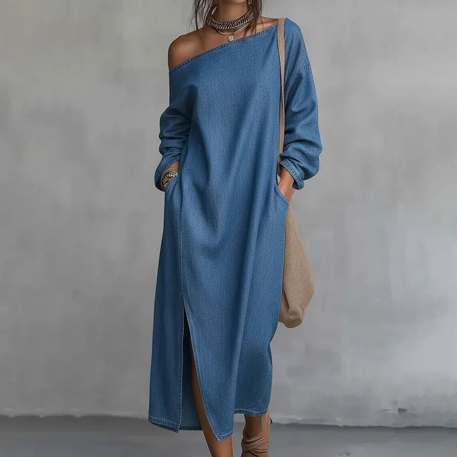 Cardydony Women's Casual Solid Color One-shoulder Cotton Linen Maxi Dress