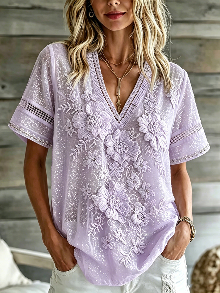 Cardydony Women's Summer Romantic Yellow Rose Art Linen Blend Short Sleeve Tops
