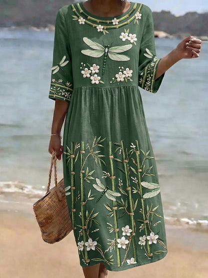 Cardydony Women's Dragonfly And Bamboo Art Pattern Crew Neck Linen Blend Midi Dress