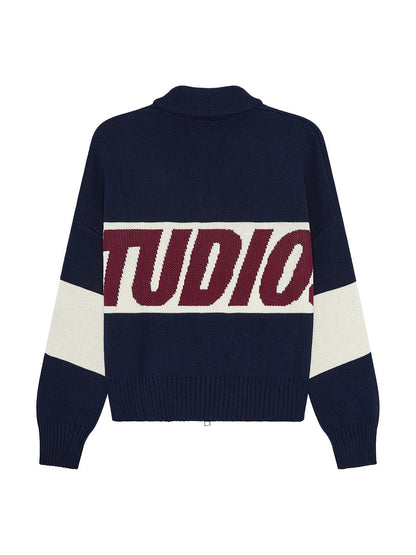 Cardydony Women's Retro Jacquard Letter Zip Up Sweater – Sporty Colorblock Knit Cardigan