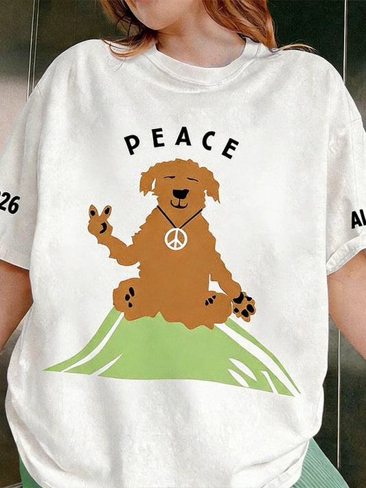 Cardydony Peace Dog Pattern Printed Retro Short-sleeve T-shirt