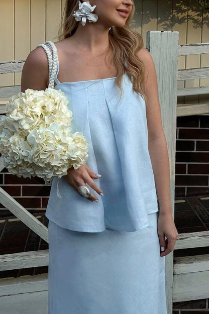 Cardydony Women's Linen Blend Loose Square Neck Camisole Top and Elegant Resort Maxi Skirt Set