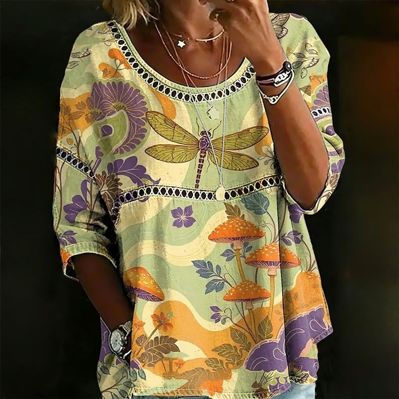Cardydony Women's Retro Floral Dragonfly Pattern Cotton Linen Casual T-shirt