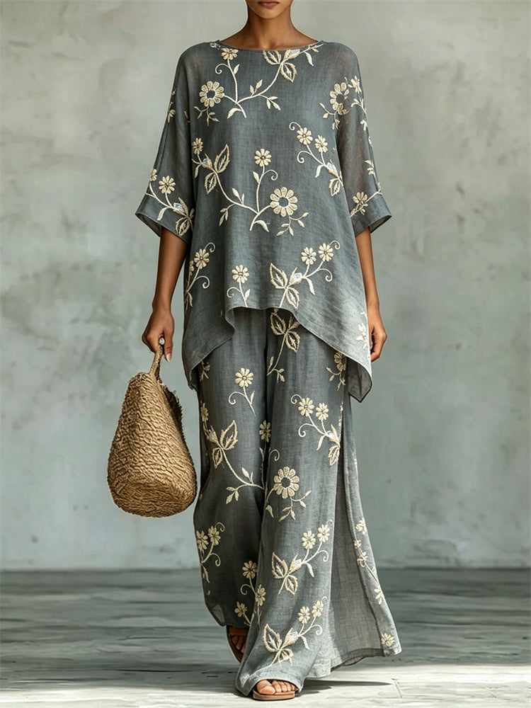 Cardydony Vintage Floral Flowy Linen Tunic & Wide Leg Pants Set
