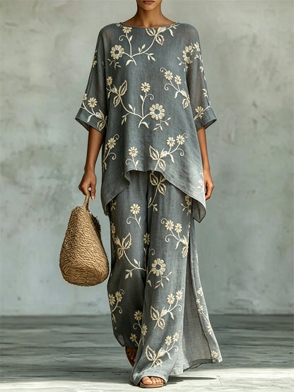 Cardydony Vintage Floral Flowy Linen Tunic & Wide Leg Pants Set