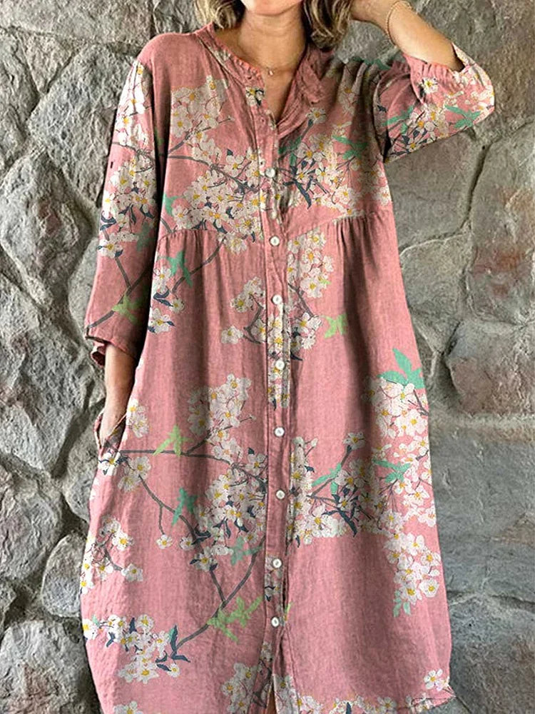 Cardydony Women's Elegant Simple Floral Pattern Shirt Cotton And Linen Dress