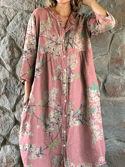Cardydony Women's Elegant Simple Floral Pattern Shirt Cotton And Linen Dress