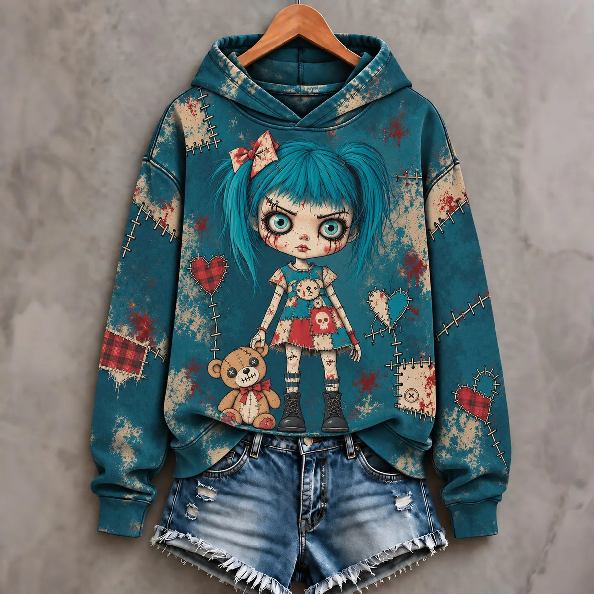 Cardydony Women's Halloween Patchwork Doll Art Print Hoodie