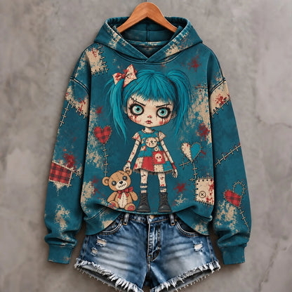 Cardydony Women's Halloween Patchwork Doll Art Print Hoodie