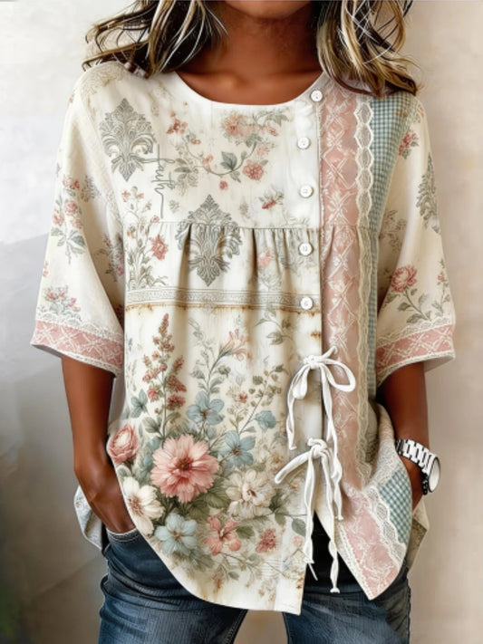 Cardydony Women's Rose Patchwork Short-sleeve Top