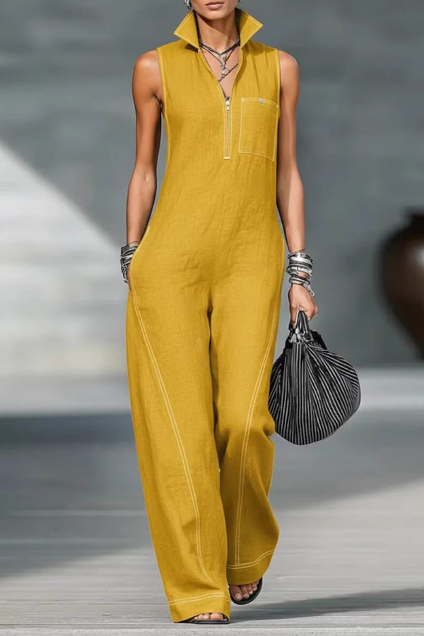 Cardydony Women's Solid Color Sleeveless Stand Collar Casual Pocket Loose Wide-leg Jumpsuit
