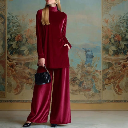 Cardydony Classy Velvet Turtleneck Slit Top & Wide Leg Pants Set