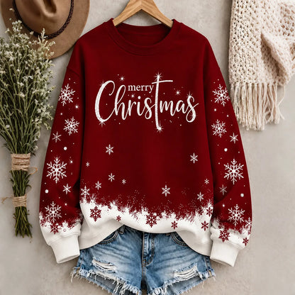 Cardydony Women's Festive Merry Christmas Snowflake Print Relaxed Fit Red Crewneck Sweatshirt