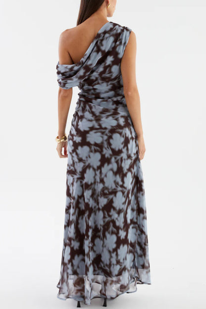 Cardydony Women's Unique Print Asymmetrical Off-Shoulder Pleated Waist Casual Maxi Dress