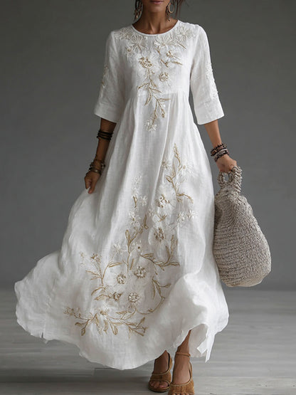 Cardydony Japanese Floral Art Embroidered Casual Linen Maxi Dress
