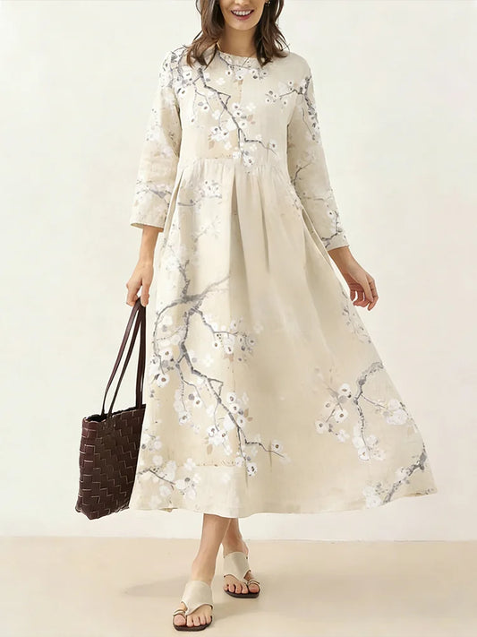 Cardydony Japanese Retro Cherry Blossom Print Art Comfy Maxi Dress