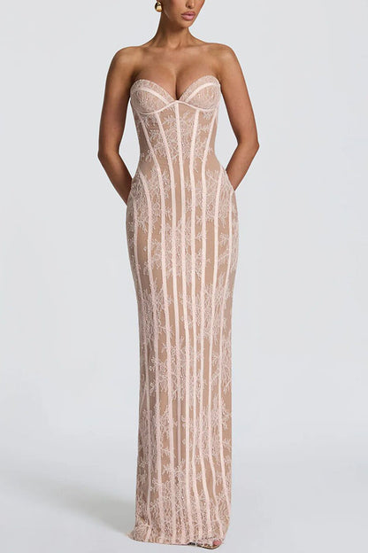 Cardydony Women's Summer Colour Sian Floral Lace Contrast Structural Detail Back Lace-up Strapless Slit Maxi Dress