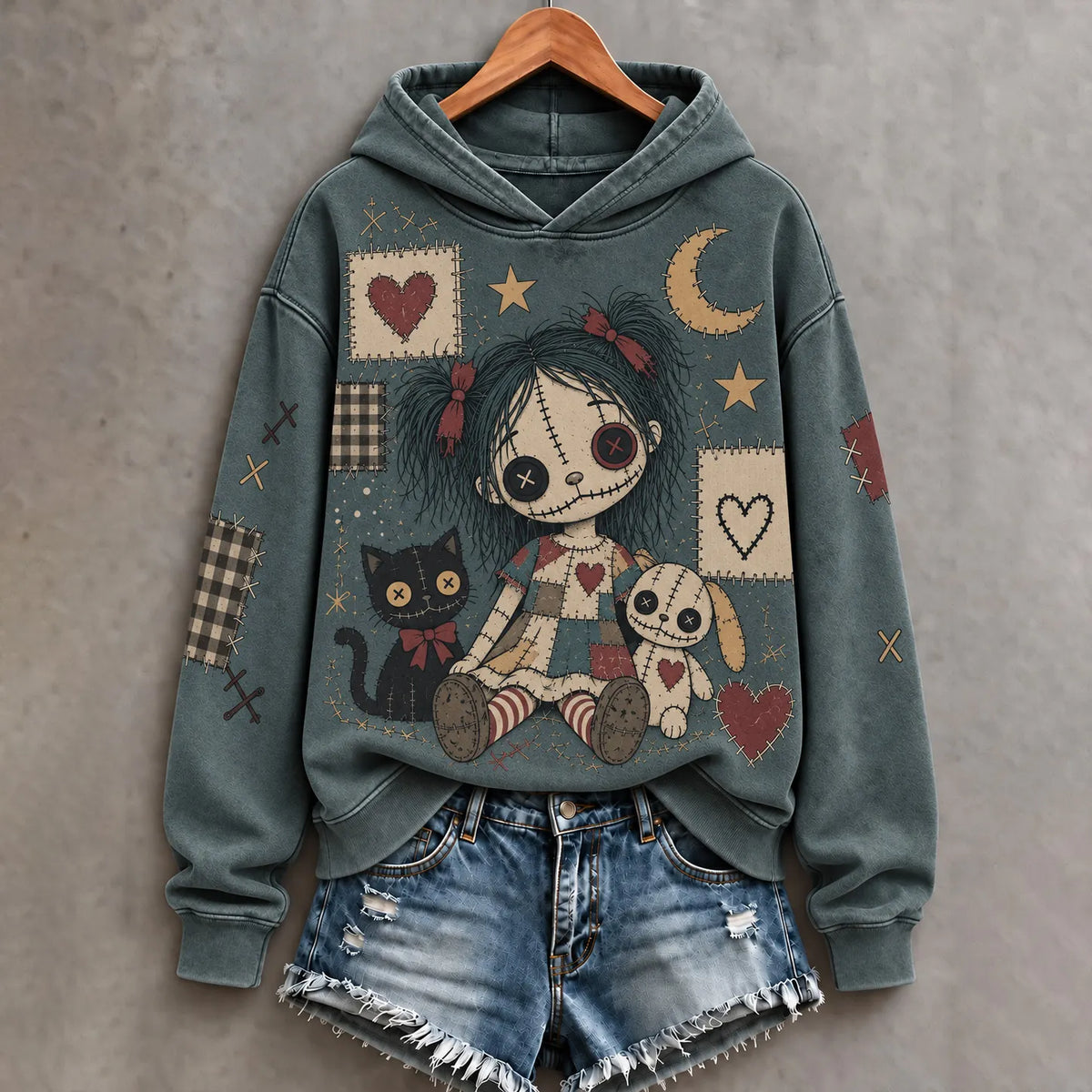 Cardydony Women's Halloween Patchwork Doll Art Print Hoodie