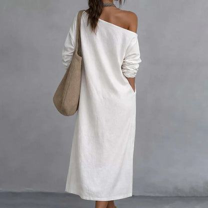 Cardydony Women's Casual Solid Color One-shoulder Cotton Linen Maxi Dress