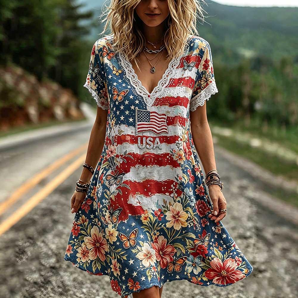 Cardydony Women's American Anniversary Art Distressed V-neck Dress
