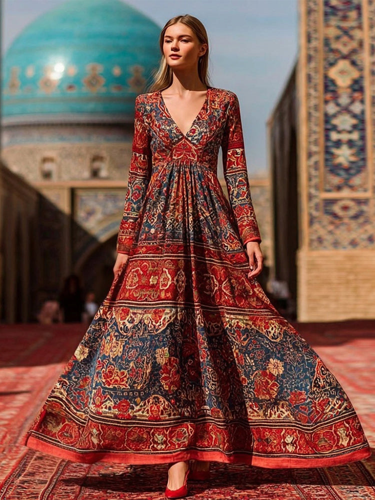 Cardydony Iran Persian Pattern Inspired V Neck Cozy Linen Maxi Dress