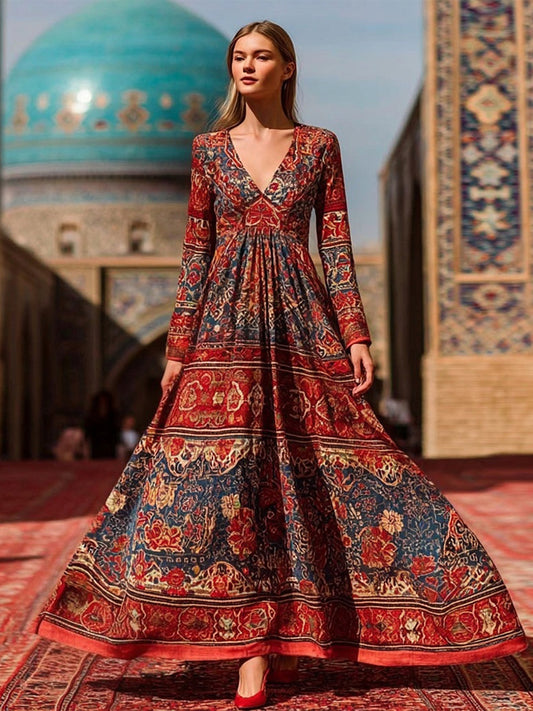 Cardydony Iran Persian Pattern Inspired V Neck Cozy Linen Maxi Dress