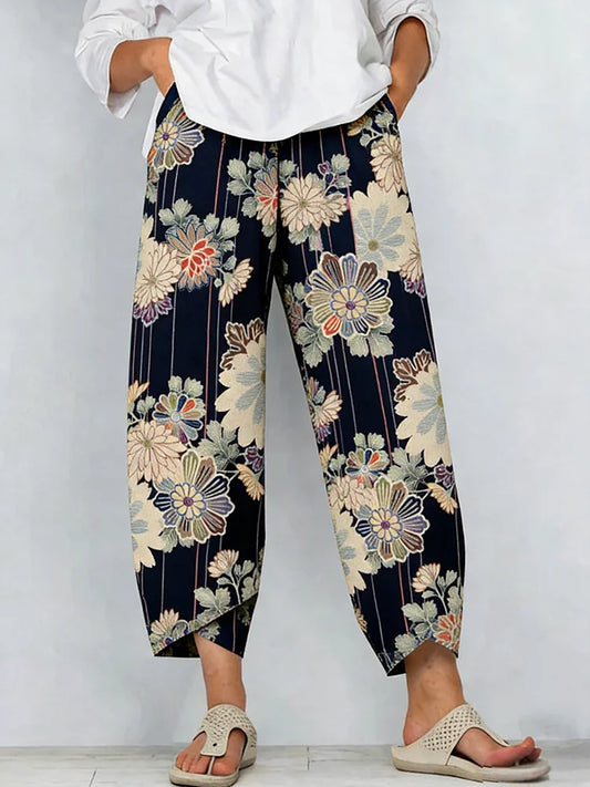 Cardydony Japanese Floral Linen Casual Trousers