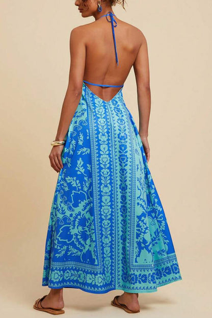 Cardydony Women's Unique Printed V-neck Backless Casual Vacation Maxi Dress