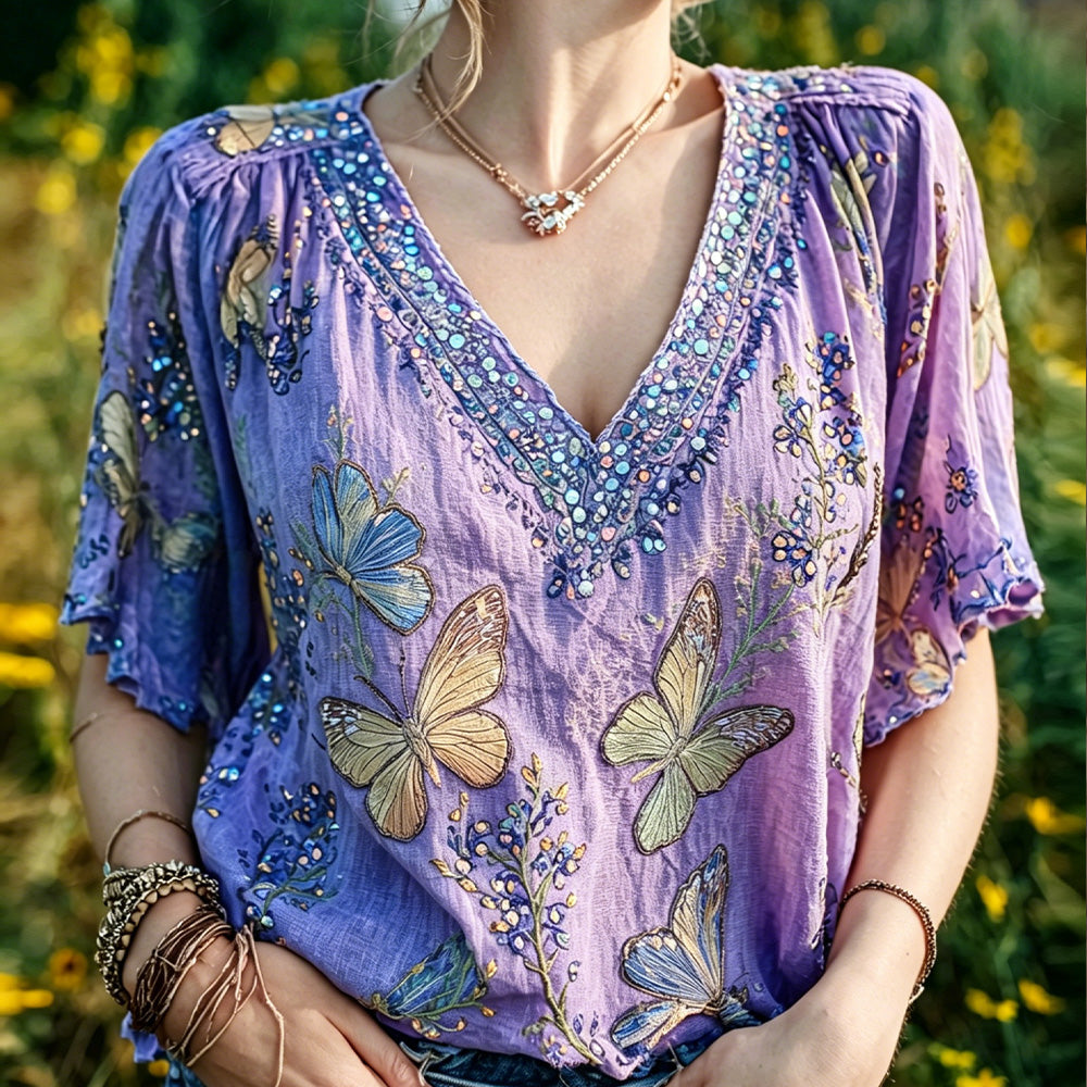 Cardydony Lavender Butterfly Embroidered Boho V-neck Top