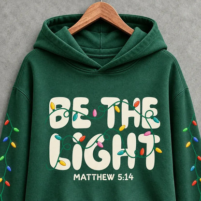 Cardydony Women's Faith Inspired Be The Light Christmas Lights Relaxed Fit Green Pullover Hoodie