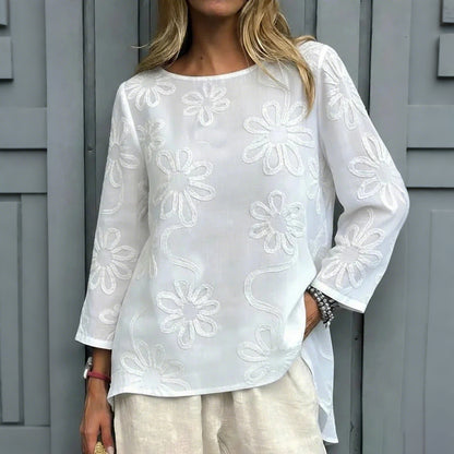 Cardydony Women's Vintage Flower Embroidery Cotton Linen Shirt