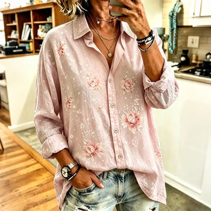 Cardydony Women's Vintage Autumn And Winter Pink Floral Art Print Flowy Linen Blend Long Sleeve Shirts