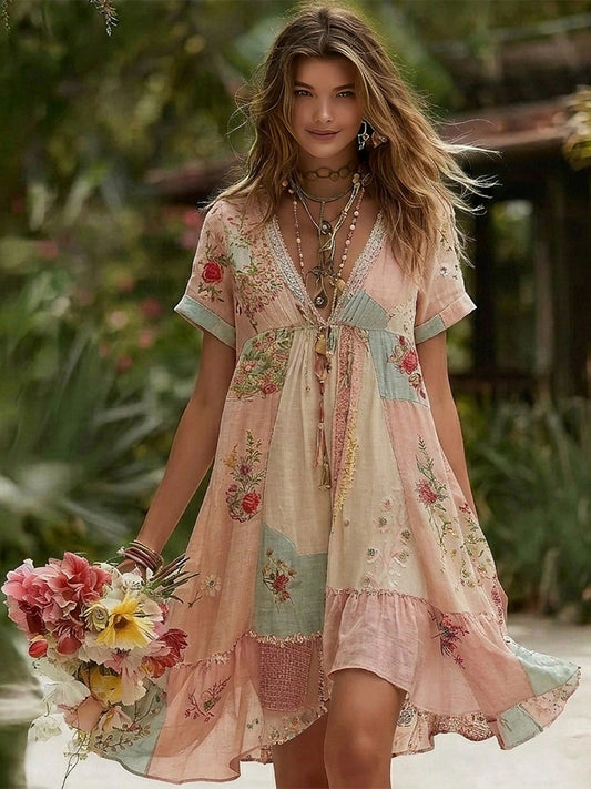Cardydony Women's Bohemian Patchwork Casual Vacation Short-sleeve Dress