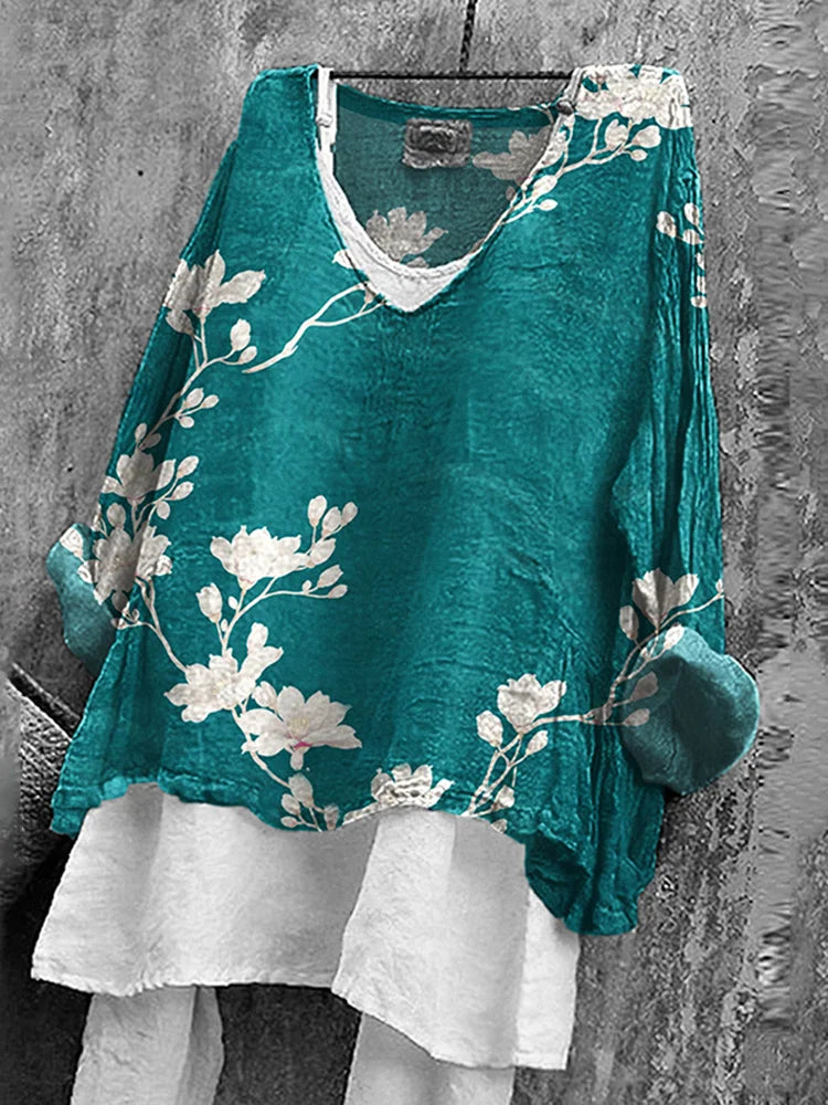 Cardydony Women's Japanese Floral Art V-neck Linen Blend T-shirt
