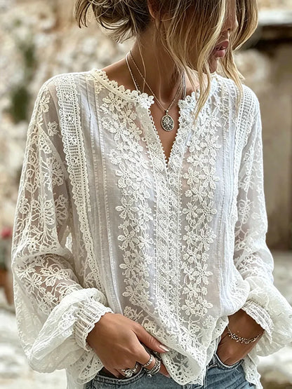 Cardydony Women's Retro Floral Lace Patchwork Casual Cotton-linen Blend T-shirt