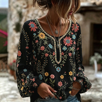 Cardydony Women's Vintage Floral Art Print Flowy Linen Blend Linen Blend Long Sleeve Casual Tops
