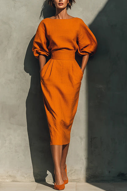 Cardydony Women's Elegant Puff Sleeve High-waisted Pocket Casual Midi Dress