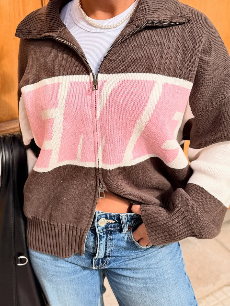 Cardydony Women's Retro Jacquard Letter Zip Up Sweater – Sporty Colorblock Knit Cardigan