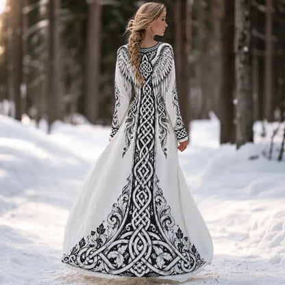 Cardydony Women's Viking Wings And Celtic Knot Art Print V-neck Long Sleeve Maxi Dress